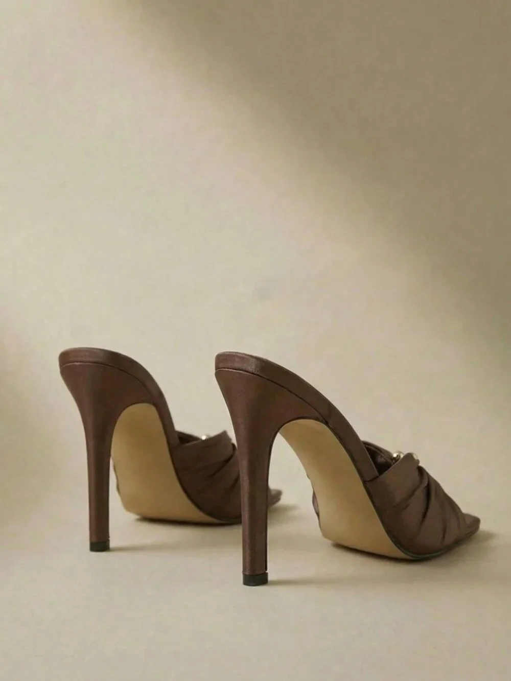 Brown Ruched Slide Sandals with Gold Ring Detail